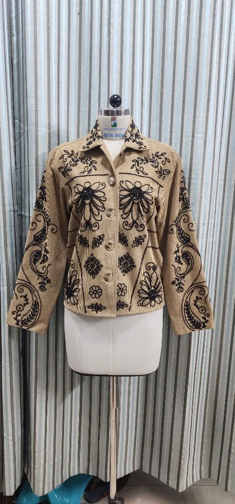 Beige Jacket with Black Beadwork Embroidery