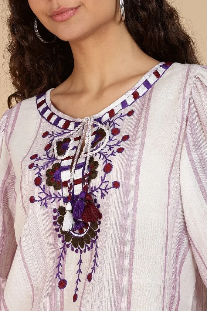 Handloom Striped Embroidered Top