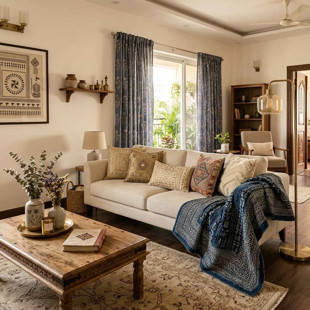 Living Room Styled with Indian Artisan Home Textiles