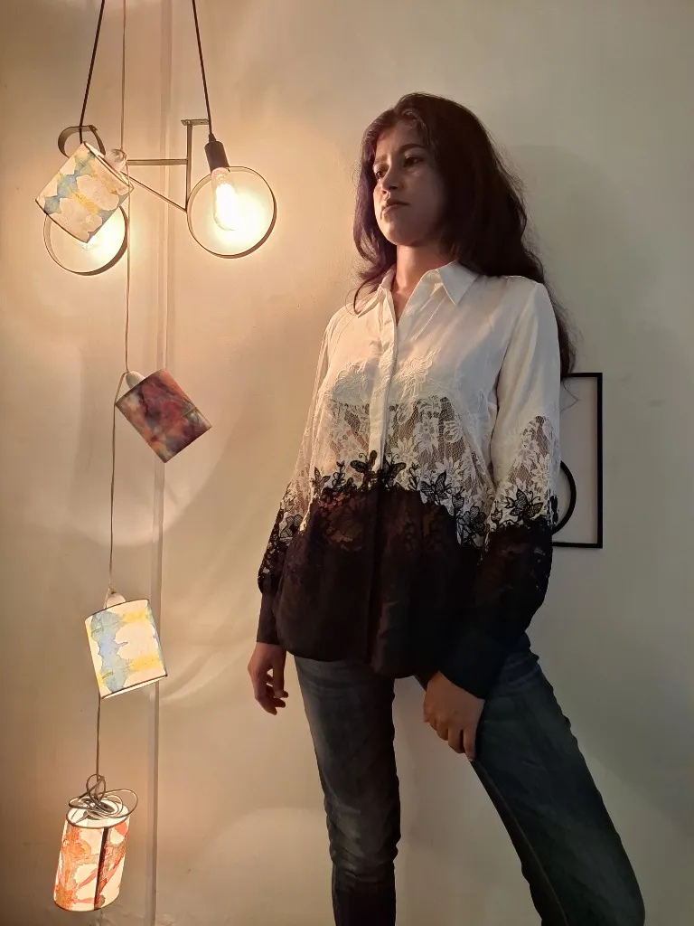 Lace Panel Machine Embroidered Shirt