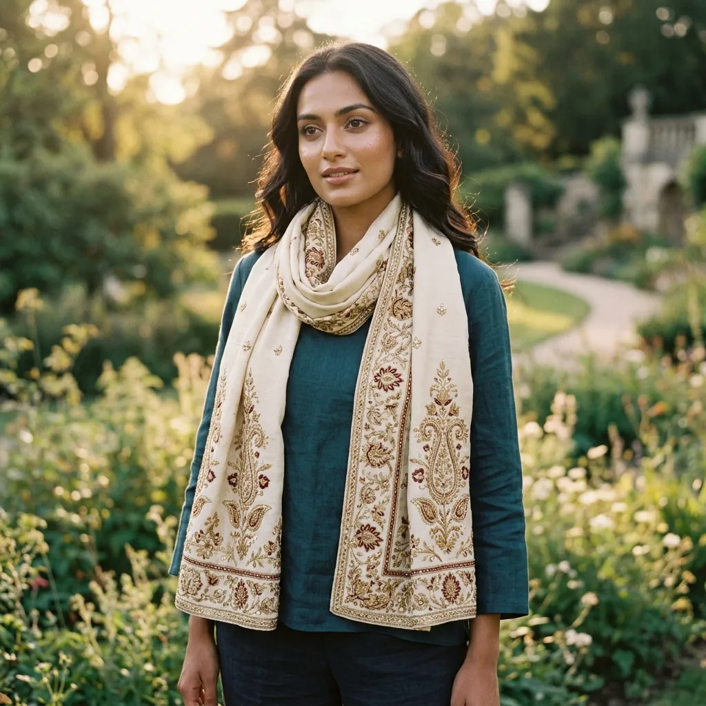 Model Wearing Embroidered Silk Scarf